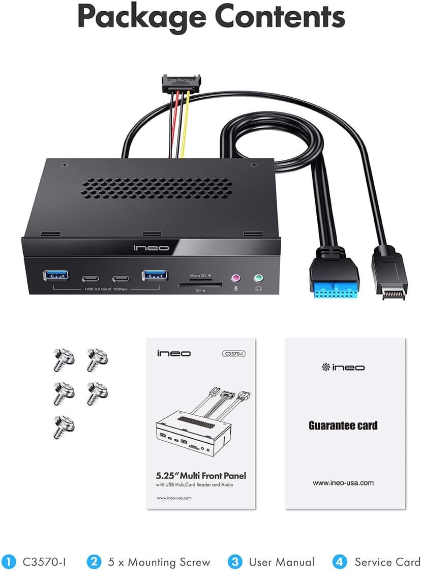 ineo 5.25" 10Gbps USB 3.2 Front Panel Card Reader with Audio Ports - SD/microSD Internal Reader, USB3.2 Type-E Key-A 20-Pin & USB3.0 Header, 15-Pin SATA Power[3570I]