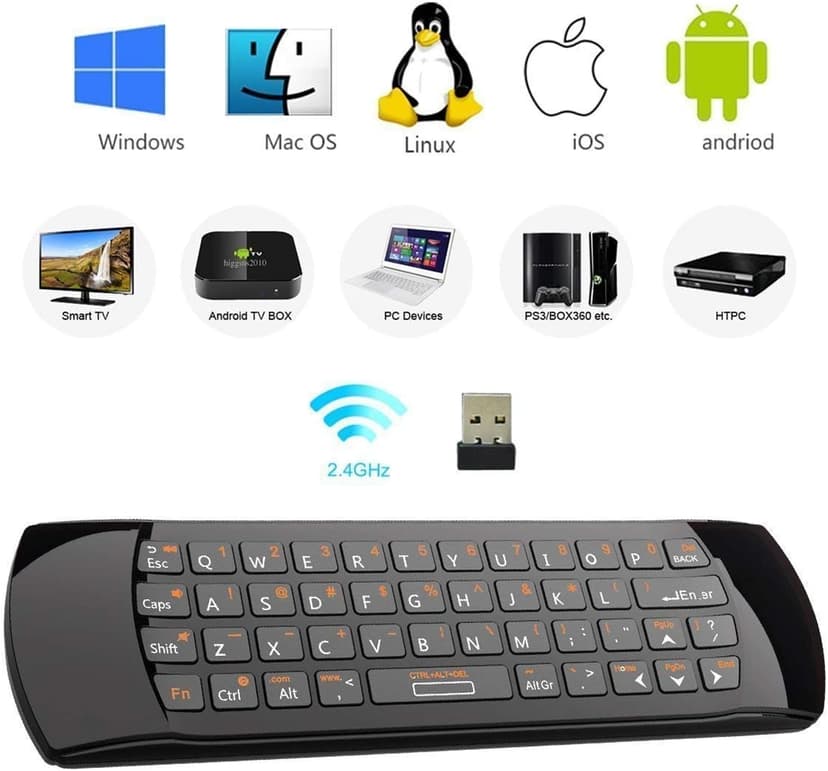 Rii Mini K25 Multifunction Portable 3 in 1 2.4GHz Wireless Fly Mouse Keyboard and Remote Control with Rechargeable Li-ion Battery for PC, Laptops, Linux, Android Tv Boxs, Windows, Windows, IPTV