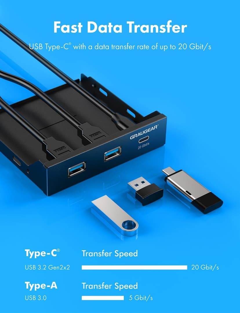 GRAUGEAR 3.5 Inch Front Panel USB Hub, Internal USB Hub with 20Gbps USB3.2 Gen2 USB-C and USB 3.0 Ports, USB3.2 Type-E Key-A 20-Pin Header & USB3.0 Header Required, Fits 3.5" PC Computer Case [G-MP01]