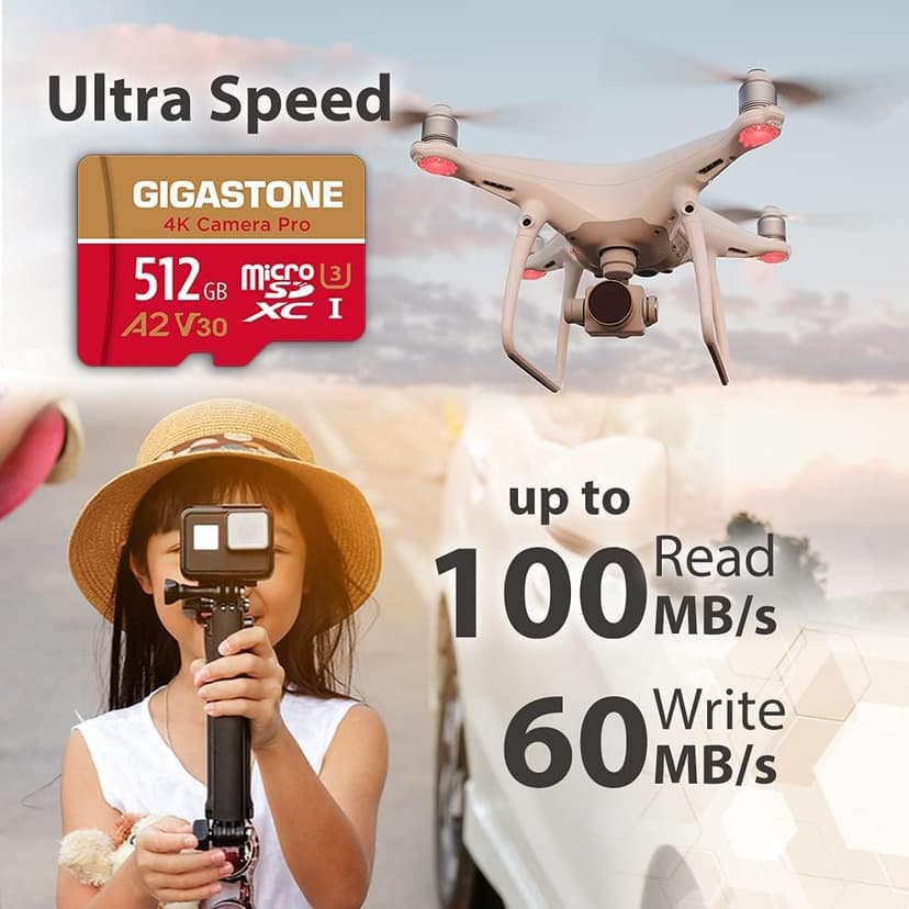 [5-Yrs Free Data Recovery] GIGASTONE 512GB Micro SD Card, 4K Camera Pro, A2 V30 for Smartphone, Gopro, Action Cams, 4K UHD Video Recording , Up to 100MB/s, UHS-I U3 C10 Class 10 with Adapter