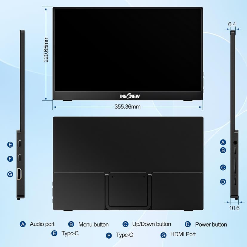InnoView Portable Monitor 15.6" 1080P Portable Monitors for Laptop with Protective Sleeve Built-in 90° Adjustable Stand USB C HDMI Ultra-Slim Portable Laptop Monitor for MacBook Phone PS Xbox Switch