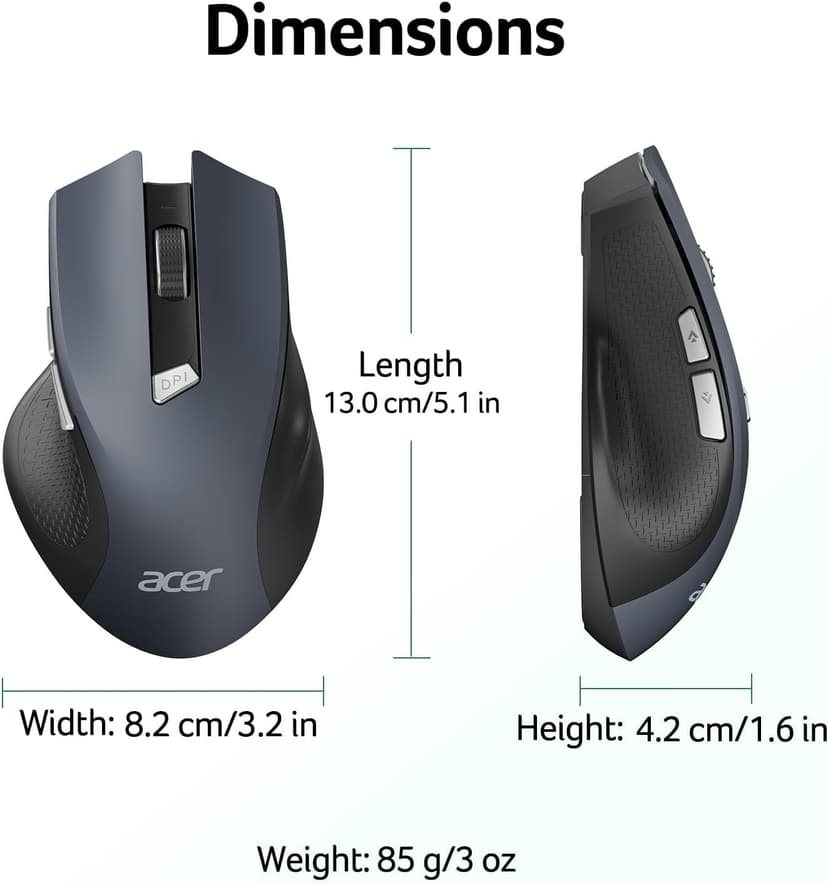 acer Wireless Mouse for Laptop, 2.4GHz Computer Mouse 3 Adjustable DPI Office Cordless USB Mice with USBA Receiver, 6 Buttons, 1600 DPI, Medium to Large Sized Hands Compatible with PC, Laptop, Desktop