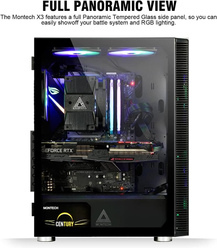 Montech X3 Mesh, 6 Fans - 3x 140mm & 3x 120mm Fixed RGB Lighting Fans, ATX Mid-Tower PC Gaming Case, USB3.0, Door Open Tempered Glass Side Panel, High Airflow, Black