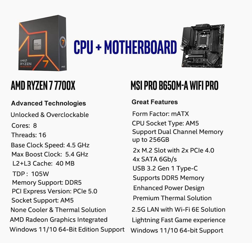 INLAND AMD Ryzen 7 7700X CPU Processor with MSI PRO B650M-A WiFi ProSeries Motherboard (AM5, mATX, DDR5, M.2, USB 3.2 Gen 2, Wi-Fi 6E), Sold by Micro Center
