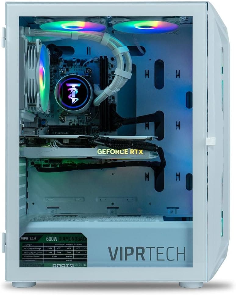 ViprTech Ghost 3.0 Liquid-Cooled PC - AMD Ryzen 5 5600X (12-LCore 4.6Ghz), RTX 4060 8GB, 32GB DDR4 3200, 1TB NVMe SSD, VR-Ready, Streaming, WiFi, RGB, Win 11, Warranty, Gaming Desktop Computer