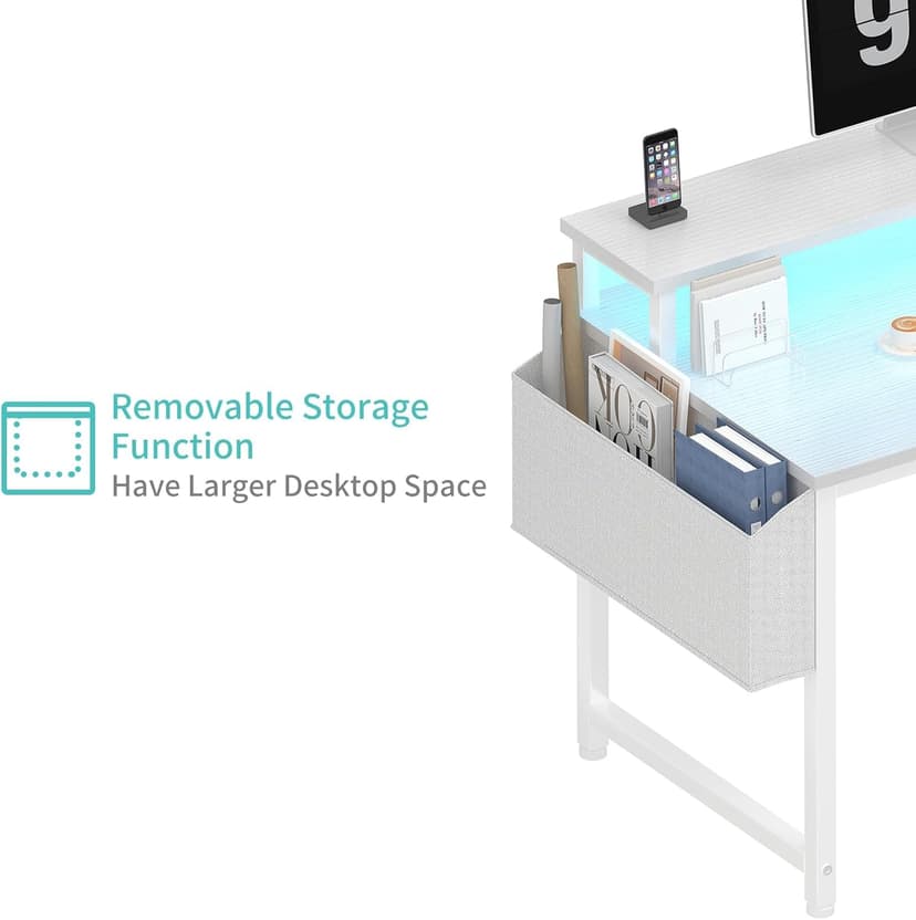 Lufeiya White Computer Desk with LED Lights and Power Outlets, 40 Inch Home Office Desks with Monitor Stand, Teen Writing Study Table Gaming Desk with Charging Station, White