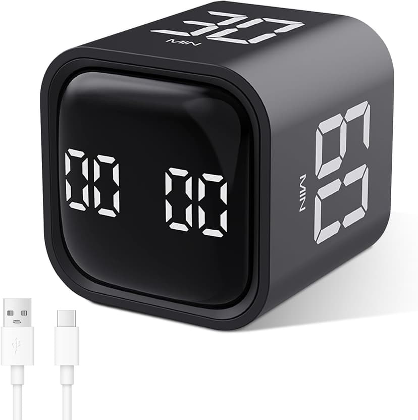 GuDoQi Multi-Function Cube Timer, 5/10/30/60 Min & Custom Count Down, Included Pause & Resume Feature, Silent, Vibrate & Adjustable Sound Alarm for Productivity in Tasks, Study & Kitchen, Black