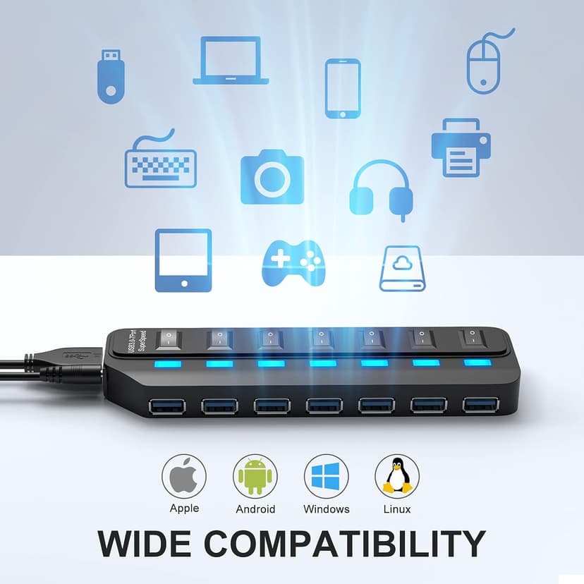 USB Hub 3.0, 7 Port USB Hub Splitter with Individual On/Off LED Switches, 5Gbps HighSpeed Data USB Extension for Laptop, iMac, USB Flash Drives, Mobile HDD, Printer, Camera and More