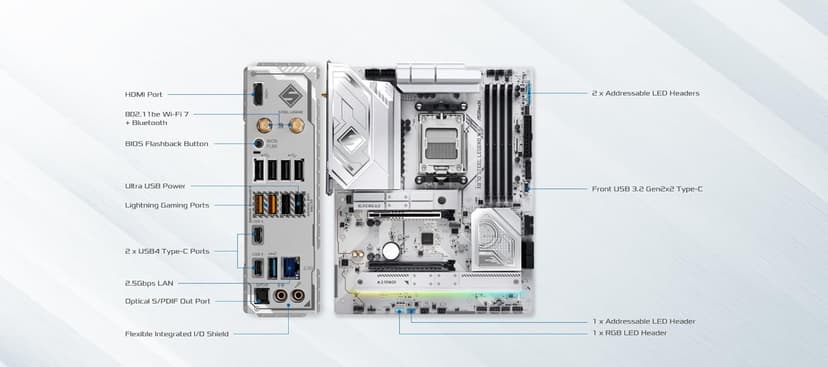 ASRock X870 Steel Legend WiFi 7 AMD Ryzen Socket AM5 ATX Motherboard DDR5 DIMMs 8000 MHz 256 GB SATA3 6.0 Gb/s USB4 M.2