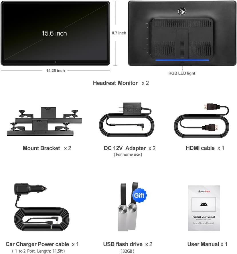 15.6 inch 4K Android Car TV Headrest Monitor for Cars Back seat Rear Entertainment System, Support Wireless Phone Link Touch Screen,with WiFi/Bluetooth/HDMI/USB/Video Player 4G+64G (2*PCs)