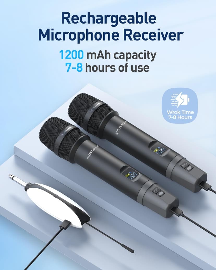Wireless Microphones,Metal Microphone with Dual Professional UHF Cordless Dynamic System,Rechargeable Microphone Receiver for Karaoke Singing, Wedding,Party, DJ, Speech, Church, Class Use,240ft