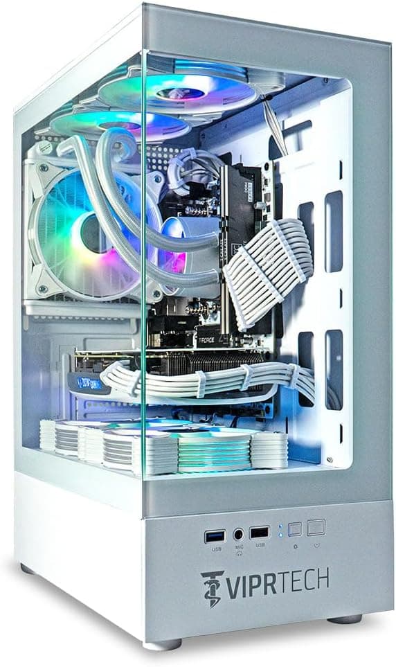 ViprTech Stryker 4.0 Liquid-Cooled PC - AMD Ryzen 7 (4.4GHz Turbo), RTX 4060 8GB, 32GB DDR4 3200, 1TB NVMe SSD, 700W PSU, WiFi BT, Win 11 Pro, RGB, Gaming Desktop Computer Prebuilt, White