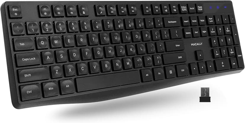 Macally Wireless Keyboard | 2.4 Computer Key Board | Full Size and Wireless (Quiet Keys) All Day Comfortable Typing with Wireless USB for Laptop, Desktop PC, Surface, Chromebook, Notebook