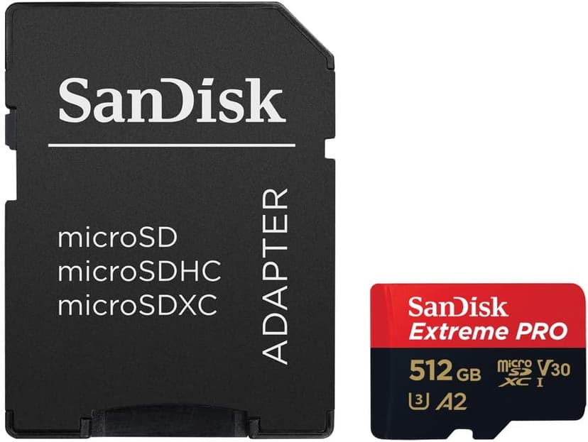 SanDisk Extreme PRO microSDXC UHS-I Memory Card 512 GB + Adapter & RescuePRO Deluxe (for Smartphones, Action Cameras or Drones, A2, Class 10, V30, U3, 200 MB/s Transfer)