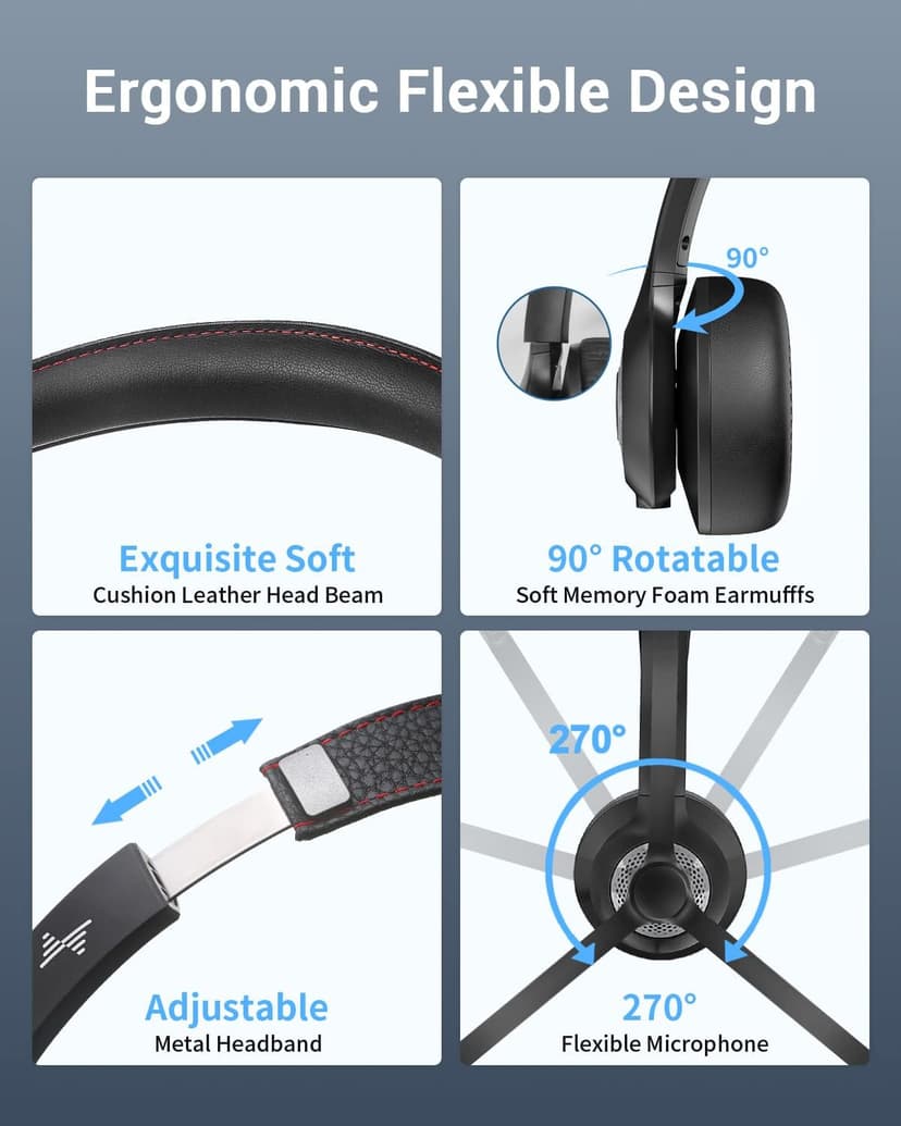Wireless Headset with AI Noise Cancelling Microphone Bluetooth Headset - Bluetooth V5.2 Headphones with USB Dongle & Mic Mute for Computer/Laptop/PC/iPhone/Android/Cell Phones (Bluetooth+USB Dongle)