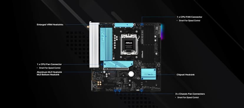 ASRock AMD B850M Pro RS WiFi 6E Socket AM5 Ryzen 9000, 8000 and 7000 Series DDR5 B850 up to 8000+ (OC) MHz 256GB Micro ATX Motherboard M.2 SATA3 6.0 Gb/s PCIe 5.0 Realtek 2.5G LAN BIOS Flashback