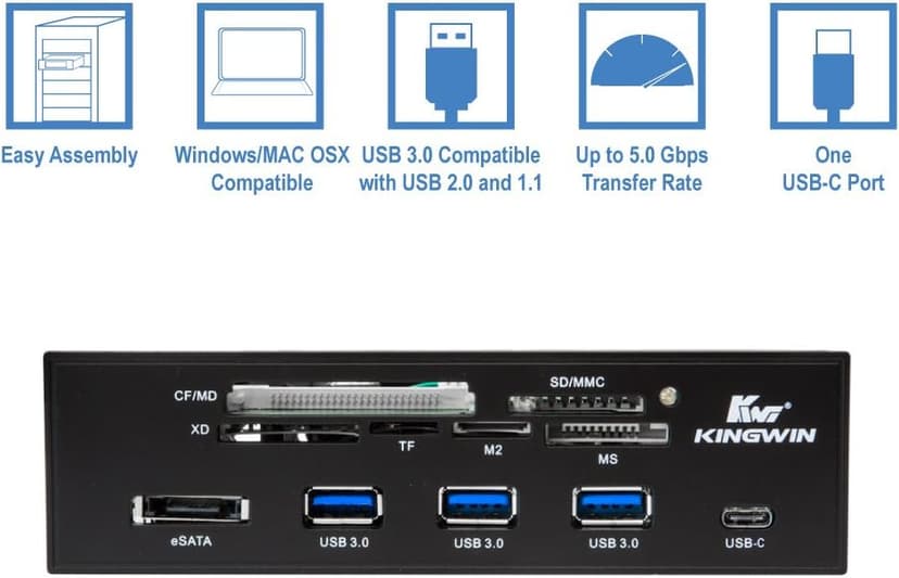 Kingwin Powered USB Hub 3.0 w/ 1 USB-C Port, SD Card Reader & Micro SD Card Reader - Sata Power Port w/Lightning Speed Data Transfer Up to 5Gbps - 5.25" Computer Case Front Bay, black (KW525-3U3CR)