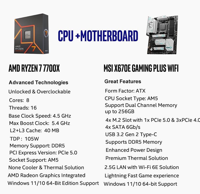 INLAND Micro Center AMD Ryzen 7 7700X CPU Processor with MSI X670E Gaming Plus Motherboard, AM5 Socket, DDR5, PCIe 5.0, WiFi 6E