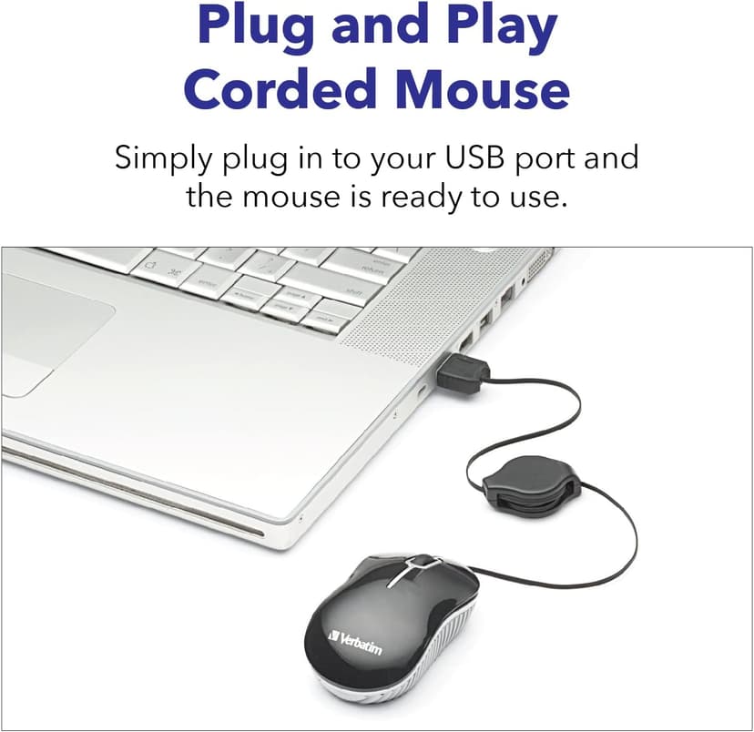 Verbatim Wired Optical Computer Mini USB-A Mouse - Plug & Play Corded Small Travel Mouse with Retractable Cable – Black 98113