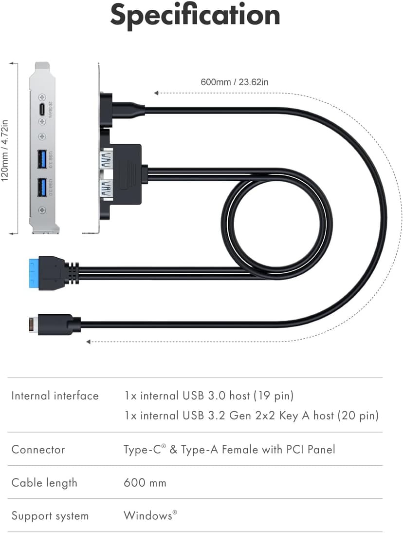 GRAUGEAR 20Gbps USB3.2 Gen2x2 USB-C Front Panel Adapter, Motherboard Header Extension Cable, USB-C and USB to USB3.2 Type-E Key-A 20-Pin and 19-Pin USB3.0 Connectors with PCIe Bracket[G-AD-ETC2A-20G]