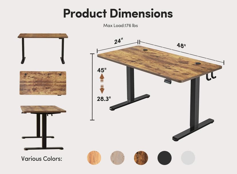 Cubiker Adjustable Desk, 48 x 24 Inch Home Office Desk, Standing Desk with Splice Board, Rustic Brown Desktop