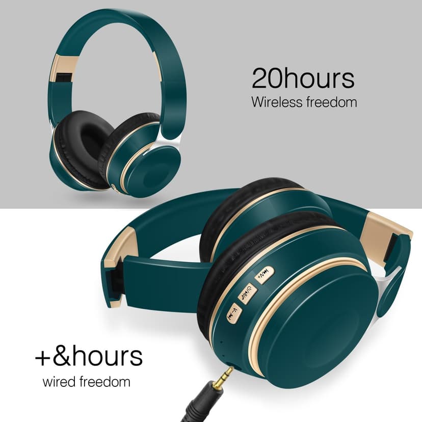 RAT TAIL Bluetooth Headset, Chat- Comfortable Over Ear Stereo Wireless Headphones with Mic, Soft Earmuffs/Foldable/SD/TF/FM Radio, 20H Playtime, Great for Music/Tour/Gym/Game/Chat (Deep Green)