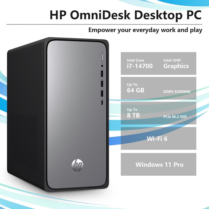 HP OmniDesk M02 Premium AI Copilot Tower Desktop, 20-Core Intel Core i7-14700, 64GB DDR5, 2TB SSD, Wired KB & Mouse, Wi-Fi 6, Bluetooth, Win11 Home, Black, Bundle with Lexar SL660 512GB Portable SSD