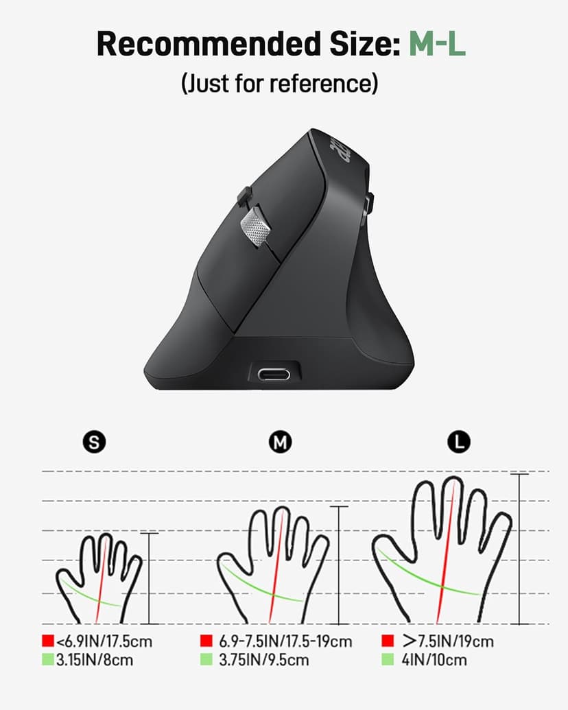 acer Ergonomic Mouse Wireless, 1000/1200/1600 Adjustable DPI Vertical Mouse with 6 Buttons, Rechargeable Ergo Mice with 2.4GHz USB Receiver for Computer, Laptop, PC, iMac and Desktop