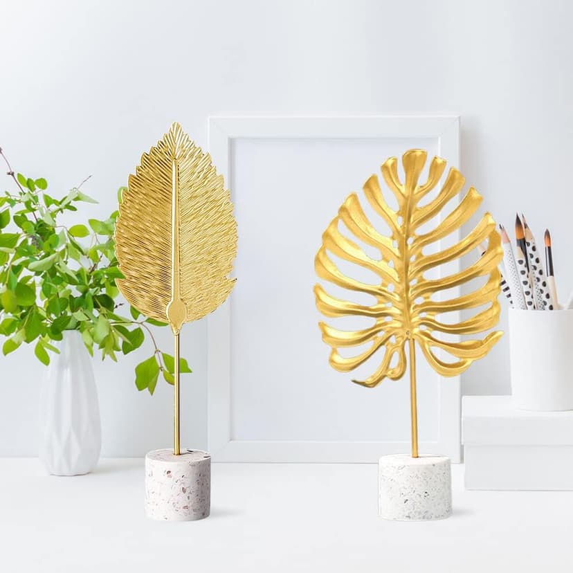 Gold Leaf Statues, Modern Metal Iron Art Crafts Sculpture Golden Leaves Sculpture with Base, Desktop Ornaments Home Office Figurine for Table Decor