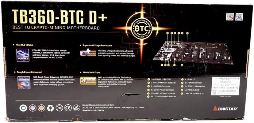 Biostar TB360-BTC D+ (Intel 8th and 9th Gen) LGA1151 SODIMM DDR4 8 GPU Support GPU Mining Motherboard. Requires CPU with IGFX and Server Power Supply.