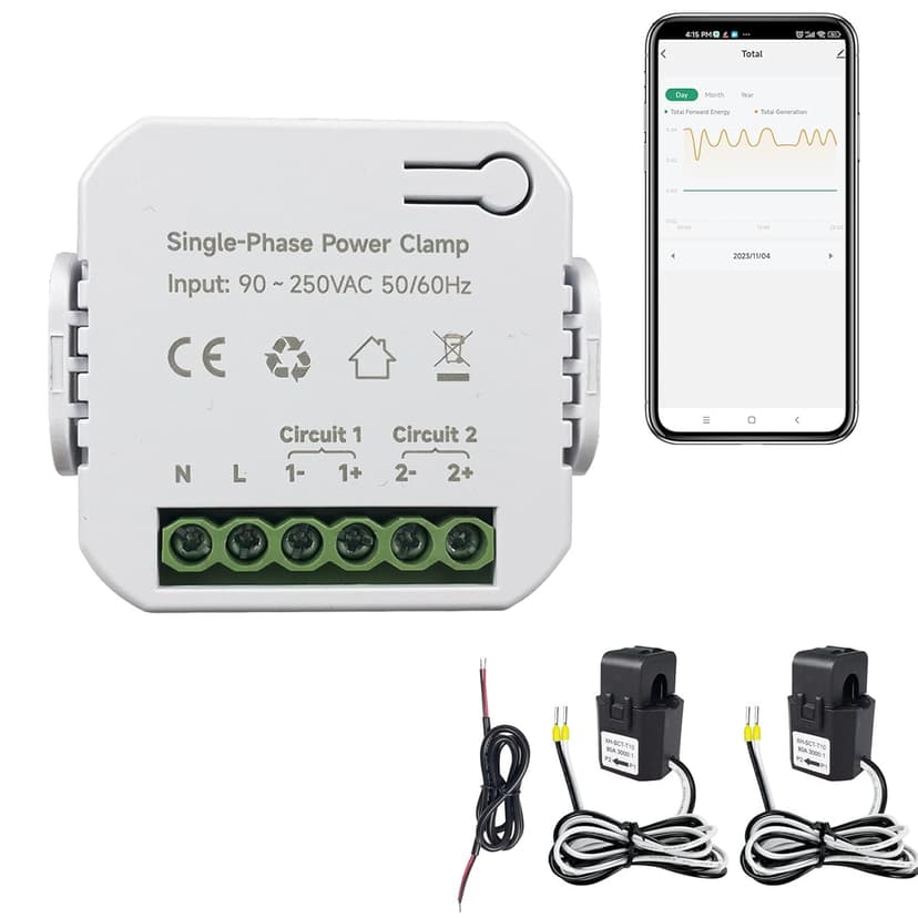 Smart Energy Monitor, Single Phase Clamp Electricity Meter with 2 * 80ACT Current Transformer, WiFi, Real-Time Electricity Monitor/Meter, Solar/Network Metering