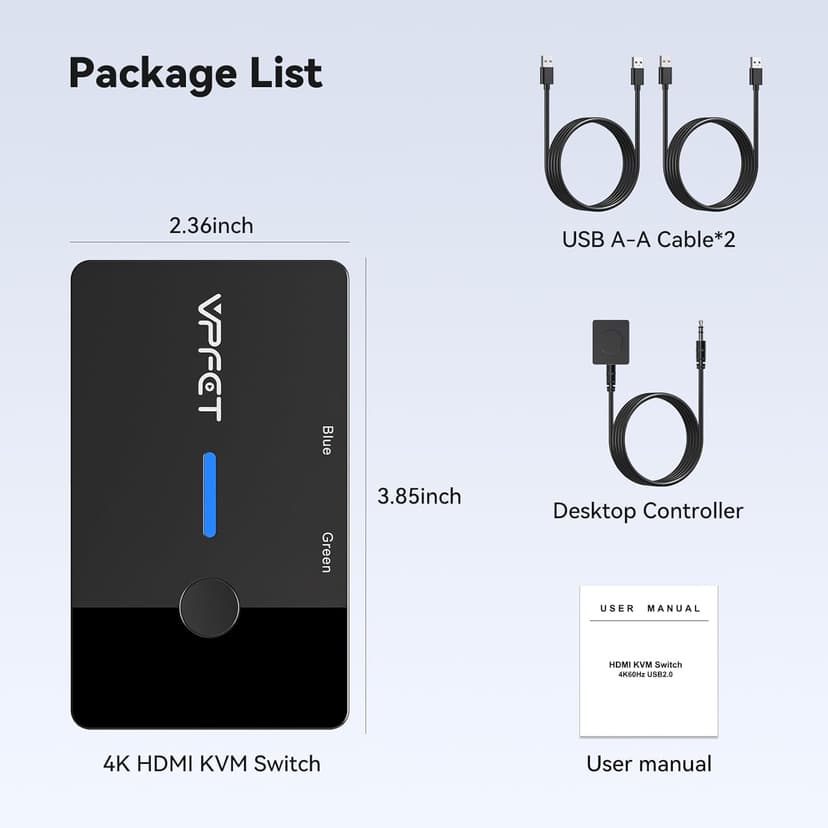 HDMI KVM Switch 1 Monitors 2 Computers 4K@60Hz USB KVM Switches 2 Ports for 2 PC Sharing Single Monitor and Keyboard Mouse with Wired Extend Controller Plug and Play