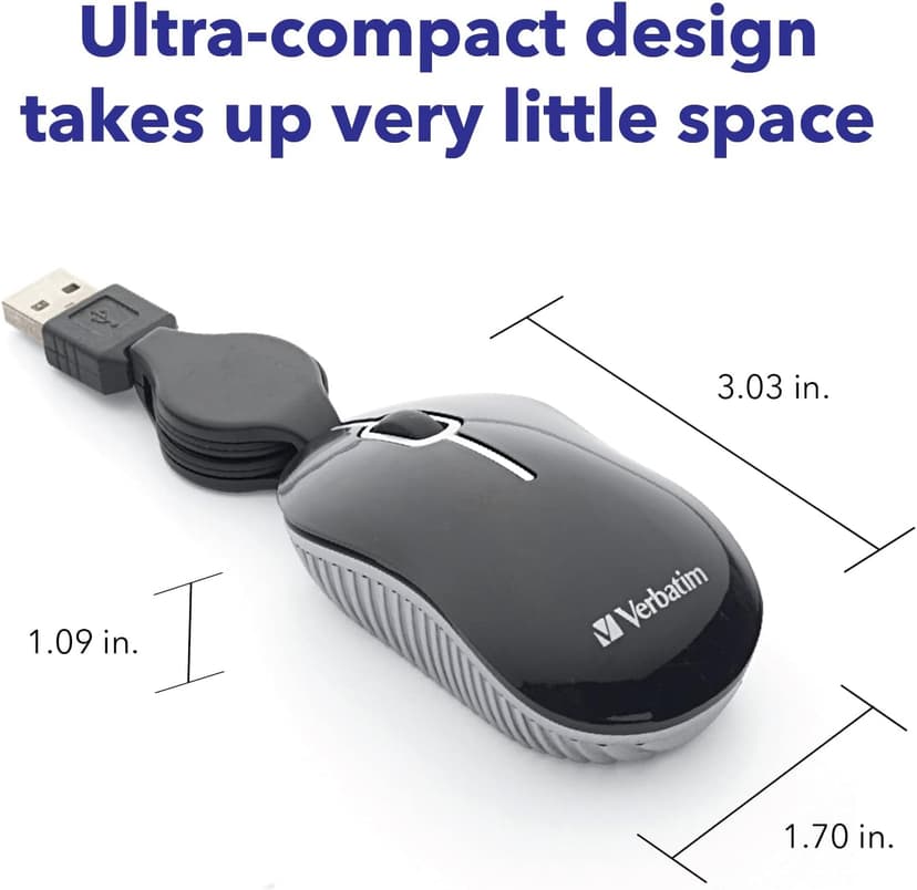 Verbatim Wired Optical Computer Mini USB-A Mouse - Plug & Play Corded Small Travel Mouse with Retractable Cable – Black 98113