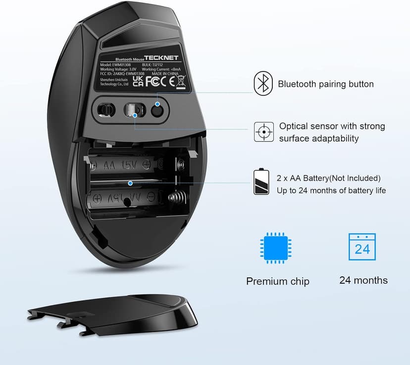 TECKNET Bluetooth Mouse, 4800 DPI Wireless Mouse, 2-Year Battery 6 Adjustable DPI, 6 Buttons Compatible with Laptop/Windows/Computer - Black