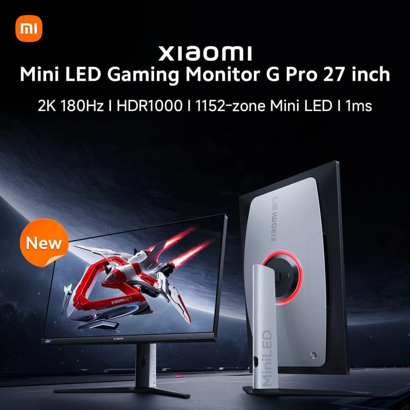 Xiaomi Mini-LED Gaming Monitor G Pro 27 inch HDR 1000 2K QHD 2560x1440, Fast IPS, 180Hz 1ms, 99% DCI-P3, AMD Freesync, Adjustable Angle, 2× HDMI 2.0, 2× DP 1.4, White