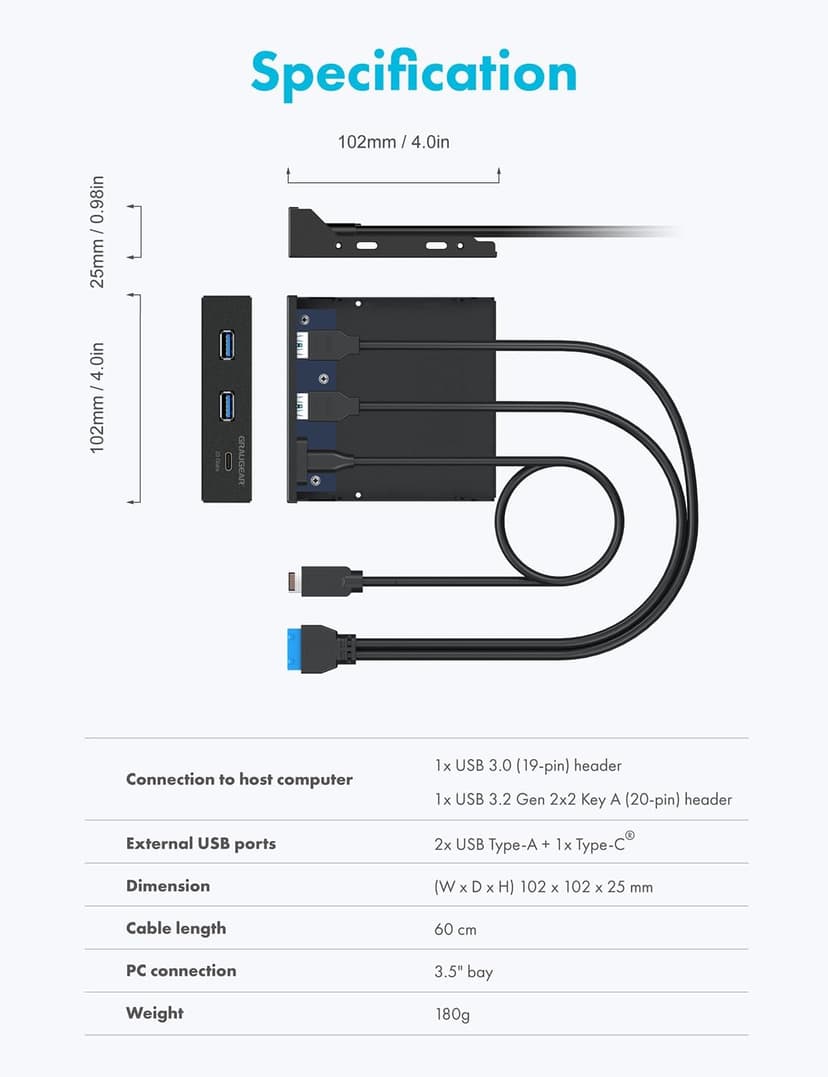 GRAUGEAR 3.5 Inch Front Panel USB Hub, Internal USB Hub with 20Gbps USB3.2 Gen2 USB-C and USB 3.0 Ports, USB3.2 Type-E Key-A 20-Pin Header & USB3.0 Header Required, Fits 3.5" PC Computer Case [G-MP01]