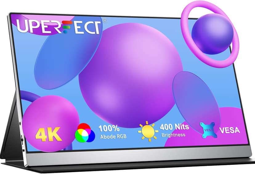 UPERFECT Portable Monitor 4K, 15.6'' Silvery 3840x2160 UHD HDR USB-C Monitor, 100% AdobeRGB, 400cd/㎡Brightness, IPS FreeSync Speaker Travel Extra Screen for Laptop, Type-C HDMI, VESA & Smart Case