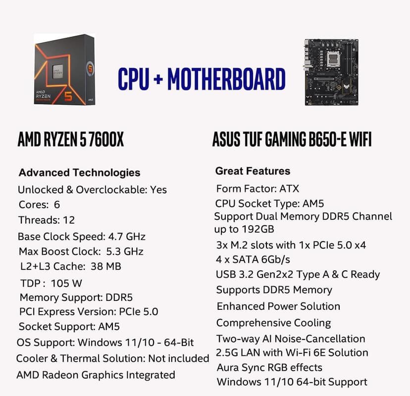 Micro Center AMD Ryzen 5 7600X CPU Processor with ASUS TUF Gaming B650-E WiFi AM5 ATX Motherboard