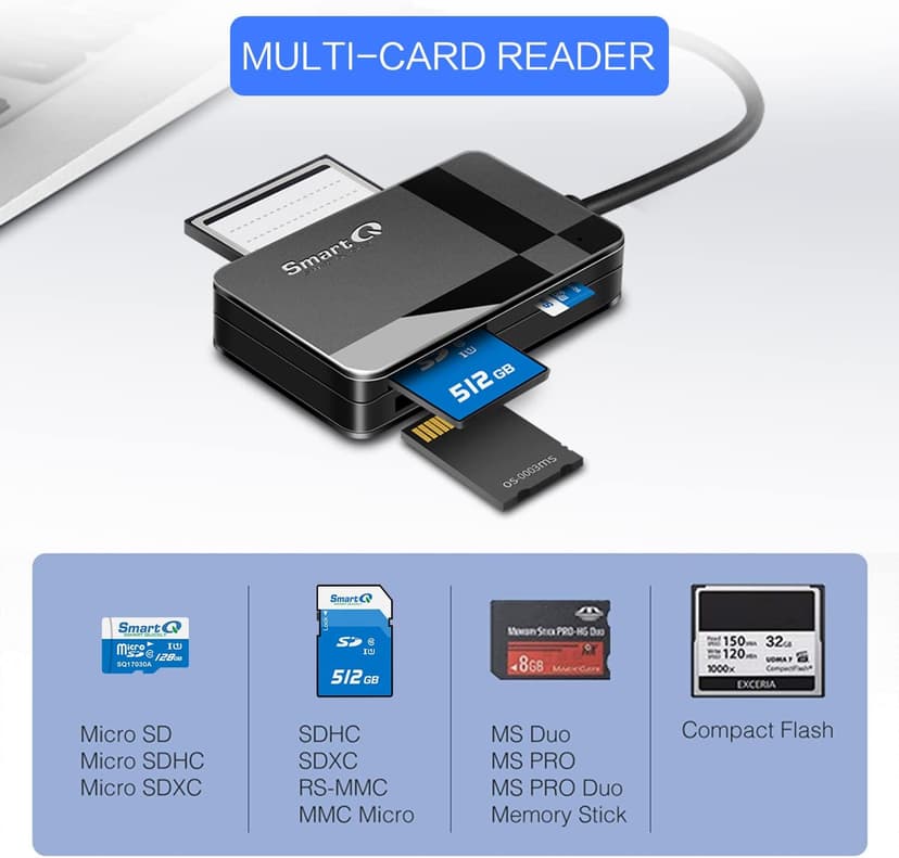 SmartQ C368 USB 3.0 Card Reader - Plug & Play, Compatible with Apple & Windows, Supports SD, Micro SD, MS, CF Cards
