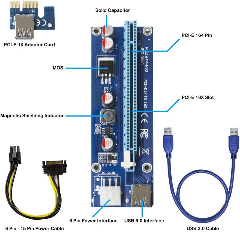 Kingwin PCIe Riser Card Adapter 1x to 16x with 6-Pin Power Cable, SATA to PCI-E Extension Cable for GPU Bitcoin Mining, Ethereum, ETH, Crypto Mining Rig (Latest Version)