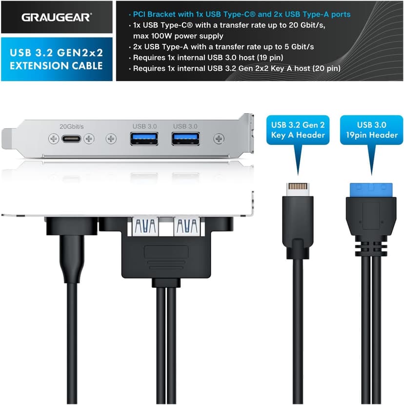 GRAUGEAR 20Gbps USB3.2 Gen2x2 USB-C Front Panel Adapter, Motherboard Header Extension Cable, USB-C and USB to USB3.2 Type-E Key-A 20-Pin and 19-Pin USB3.0 Connectors with PCIe Bracket[G-AD-ETC2A-20G]
