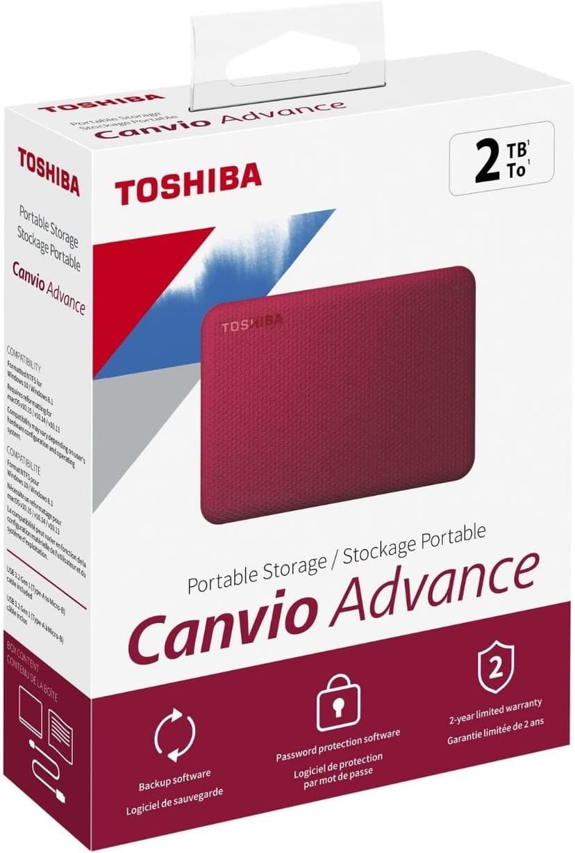 Toshiba Canvio Advance 2TB Portable External Hard Drive USB 3.0, Red - HDTCA20XR3AA