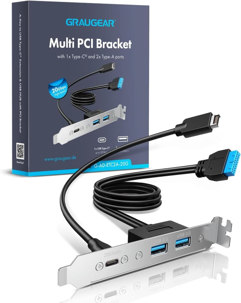 GRAUGEAR 20Gbps USB3.2 Gen2x2 USB-C Front Panel Adapter, Motherboard Header Extension Cable, USB-C and USB to USB3.2 Type-E Key-A 20-Pin and 19-Pin USB3.0 Connectors with PCIe Bracket[G-AD-ETC2A-20G]