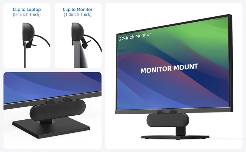 Computer Speakers for Desktop PC Monitor, External Speakers for Laptop, USB-Powered, Plug-n-Play, Wired, Clip-On, Small Computer Soundbar for PC, with Loud Sound, Rich Bass, G-Sensor, USB-C Adapter
