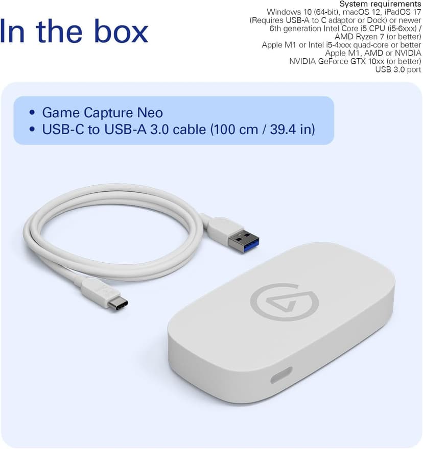 Elgato Game Capture Neo – USB Portable Capture Card 4K60 HDR Passthrough, 1080p60 Video Recording – For PS5|Xbox|Nintendo Switch 2 - OBS, Quicktime and more - Plug & Play|Works on Laptop|PC|Mac|iPad