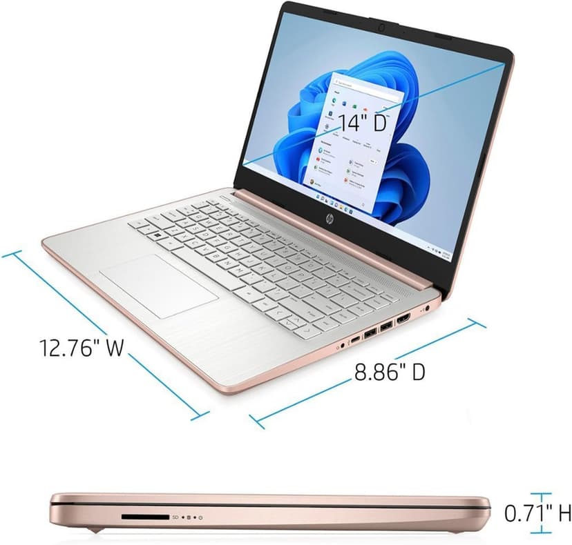 HP Essential Laptop, 14" HD Display, Intel Celeron N4120, 16GB RAM, 64GB eMMC, Webcam, HDMI, Wi-Fi, RJ-45, 1 Year Office 365, Windows 11 Home, Rose Gold