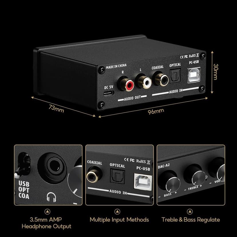 AIYIMA DAC-A2 Headphone Amplifier DAC with Bass Treble Controls PC-USB/Optical/Coaxial Inputs, RCA/3.5mm Headphone Ouput Digital to Analog Desktop Audio Converter DC 5V 24Bit 192kHz