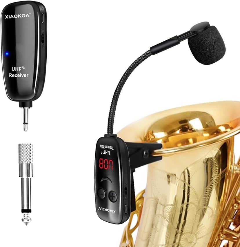 XIAOKOA UHF Wireless Instruments Microphone,Saxophone Microphone,Wireless Receiver and Transmitter,164ft Range,Plug and Play,Great for Trumpets, Clarinet, Cello