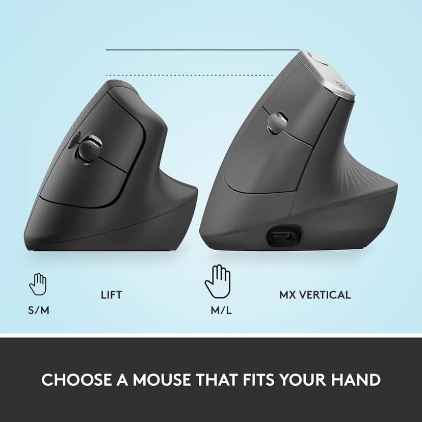Logitech Lift Vertical Ergonomic Mouse, Wireless Bluetooth or USB Receiver, Quiet Clicks, 4 Buttons, Right Hand Wireless Mouse, Windows/macOS/iPadOS, Laptop, PC - Graphite