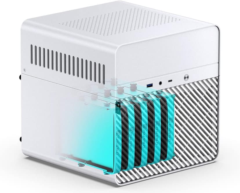 JONSBO N2 White NAS ITX Case 5+1 Disk Bays Mini Aluminum Case, Built-in 12cm Fan, SFX Power Bite (L150mm Max.), Support 65mm CPU Cooler, Integrated Upper Cover Removable，White